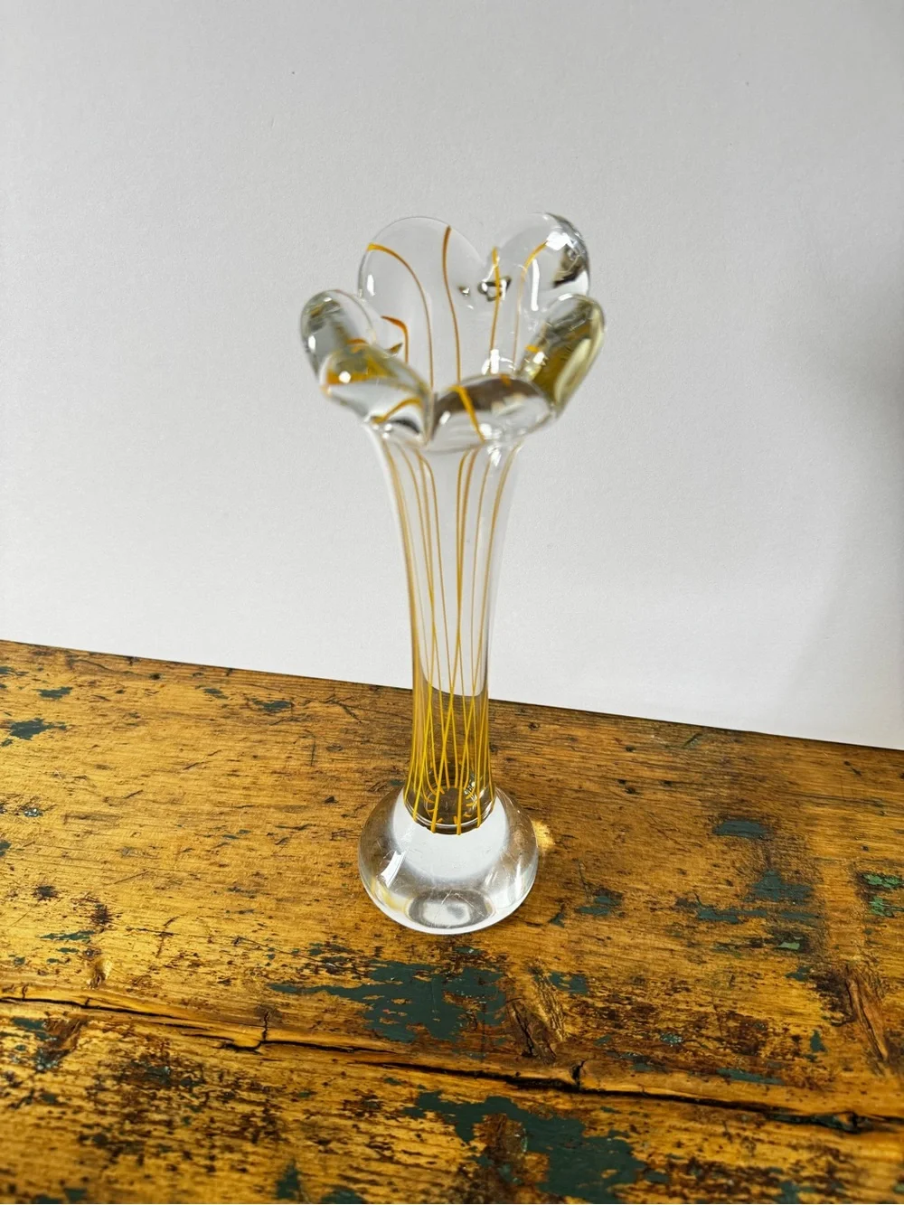 Tall Clear Glass Bud Vase with Yellow Threading - Picture 7 of 7